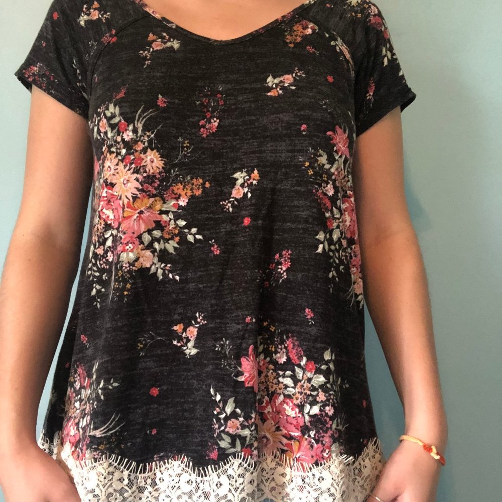 Flowery Black Top With Lace Hem